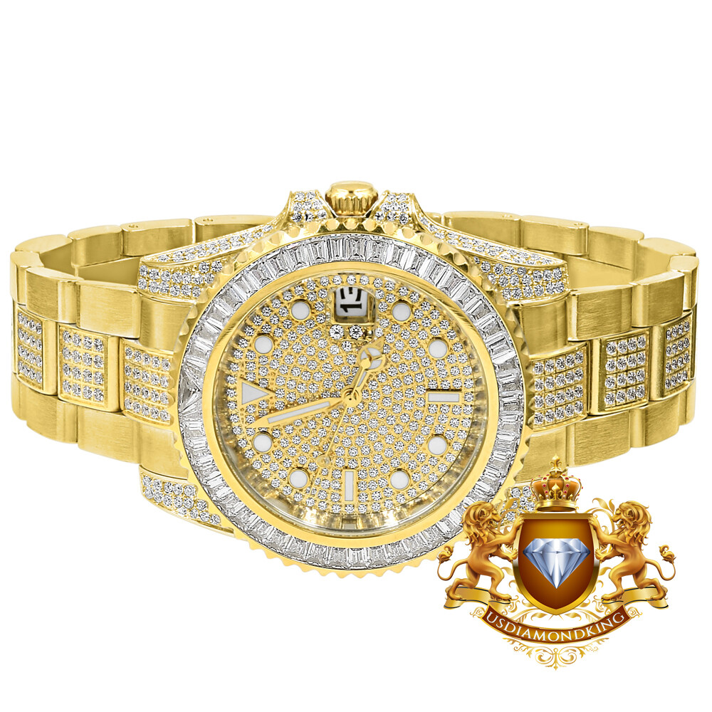 Pre-owned Usdiamondking Baguette Solid Steel 18k Yellow Gold Simulated Diamond Mens Watch 40mm W/date