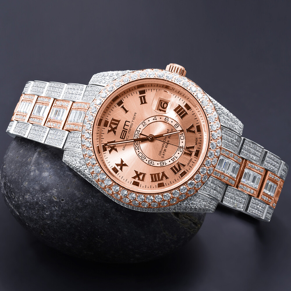 Pre-owned Bling Master - Knight 2 Tone Full Stainless Steel Rose Gold Finish Simulated Diamond Watch W/date 42mm