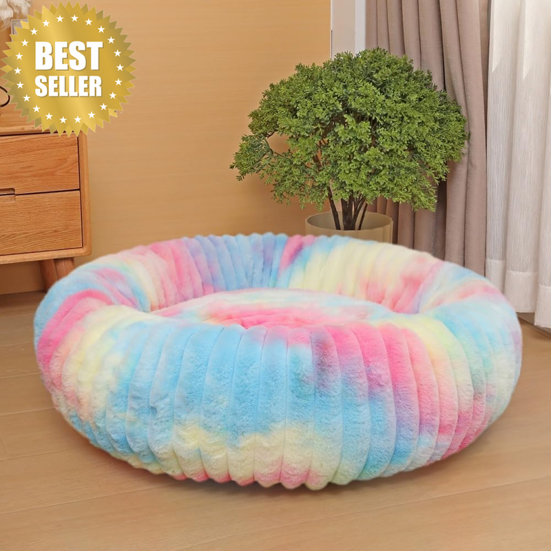 Fluffy Cat Bed, Calming anti Anxiety round Pet Cuddler Bed, Ultra Soft Faux Fur 
