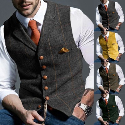 Herren Retro Tweed Weste Plaid Slim Fit Formale Wollmischung  Anzug Weste Jacket