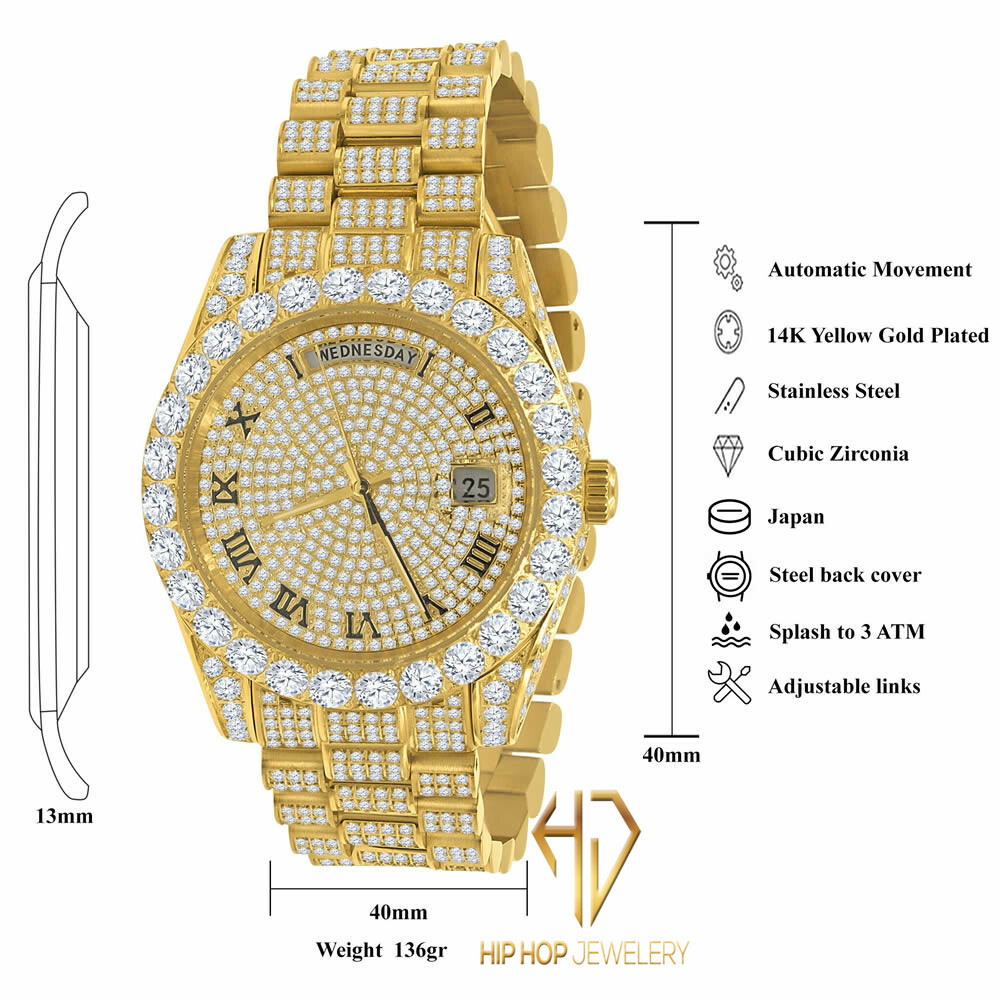 Pre-owned Bling Master 18k Yellow Gold Finish Solid Stainless Steel Day Date Roman Dial Solitaire Bezel