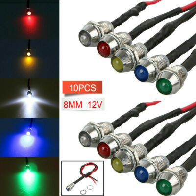 10Pcs 12V 8mm LED Indicator Light Lamp Waterproof Signal Warning Lights Car US