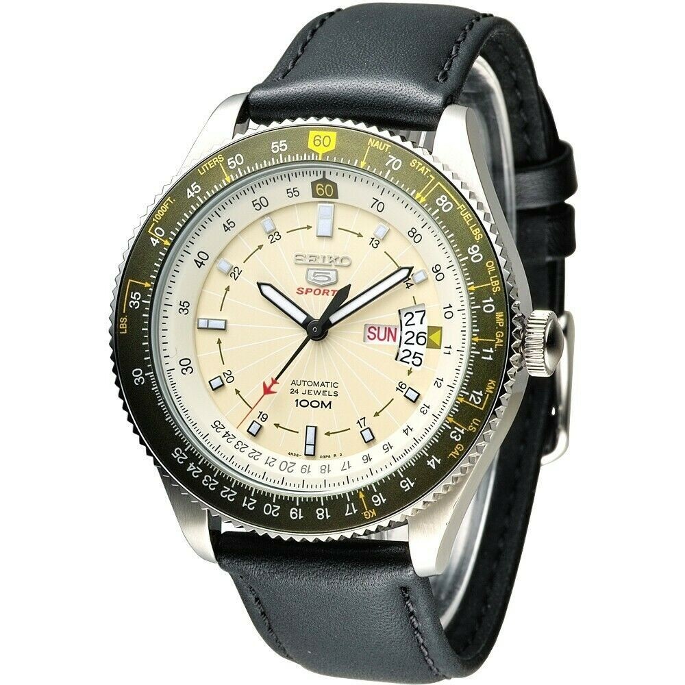 Pre-owned Seiko 5 Sports Srp615k1 Automatic Pilot Watch Green Bezel Leather 100m 24 Jewels