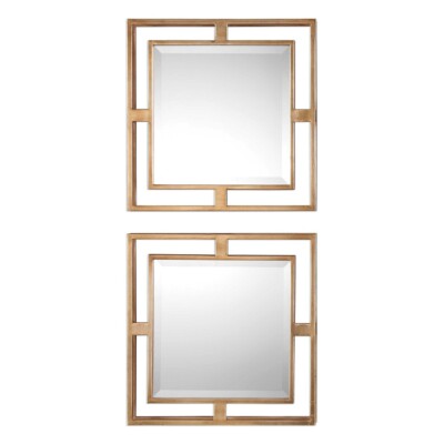 Modern Allick 18'' Gold Square Mirrors Wall Art Decor ~ Set Of 2 Uttermost 09234