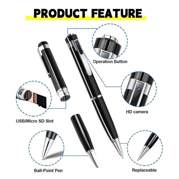 Multifunctional pen with camera and USB features highlighted.