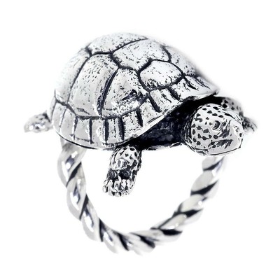 Pre-owned Silver 42mm Turtle Rope Ring With Black In Sterling