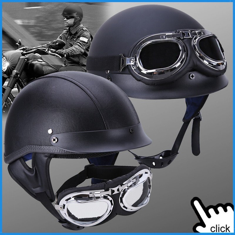 DOT German Black Leather Motorcycle Half Face Helmet Biker / Goggles M L XL XXL