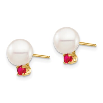 Pre-owned Diamond2deal 14k Yellow Gold 7-7.5mm White Round Freshwater Cultured Pearl Ruby Stud Earrings