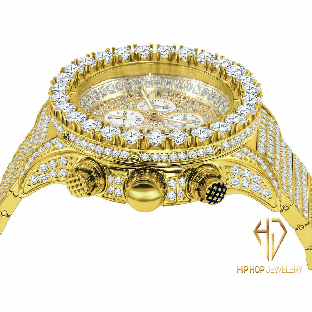 Pre-owned Blingmaster Men's Solid Stainless Steel Yellow Gold Tone Simulated Diamond Custom Watch 48mm