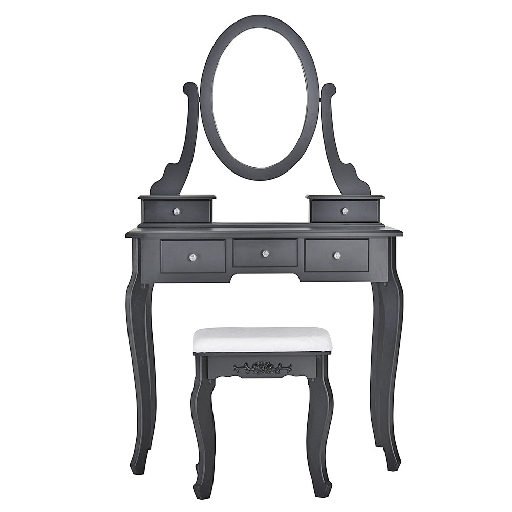 Modern Black Dressing Table With Stool And 5 Drawers Oval Mirror