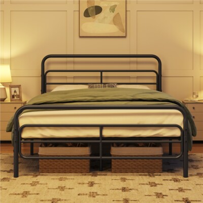 Modern Metal Bed Frame Platform Bed Frame with Geometric Pattern Headboard