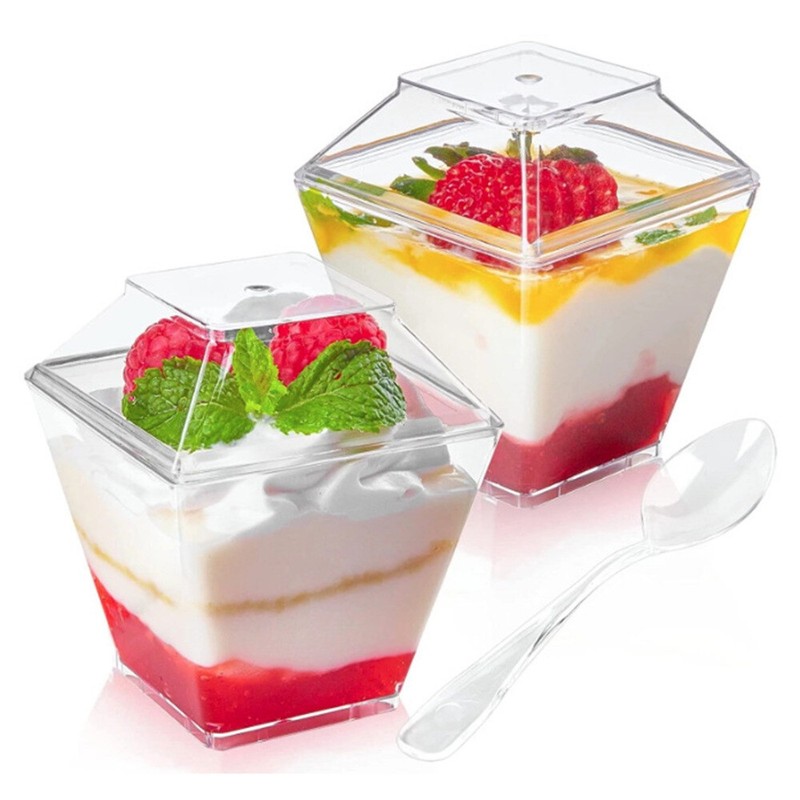 50X Square Dessert Cups with Lids and Spoons Reusable Appetizer