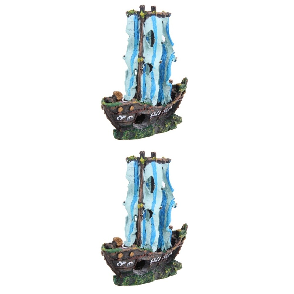 Set of 2 Fish Tank Ornaments Decorations Pirate Ship Scenery Sky-blue Aquarium