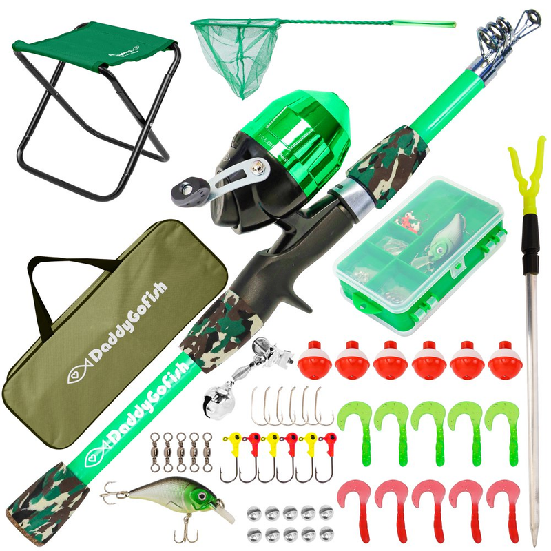 Kids Fishing Pole - Telescopic Rod & Reel Combo with Collapsible Chair, Rod Hold