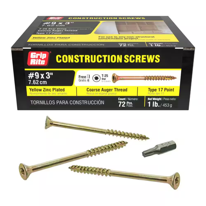 Grip Rite #9 x 3 Inch Construction Screws Star Drive Coarse Thread Wood 1 lb Box