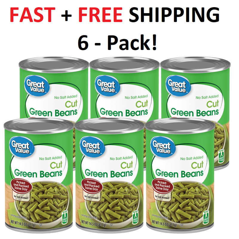 (6 Cans) Great Value Canned No Salt Cut Green Beans 14.5 oz