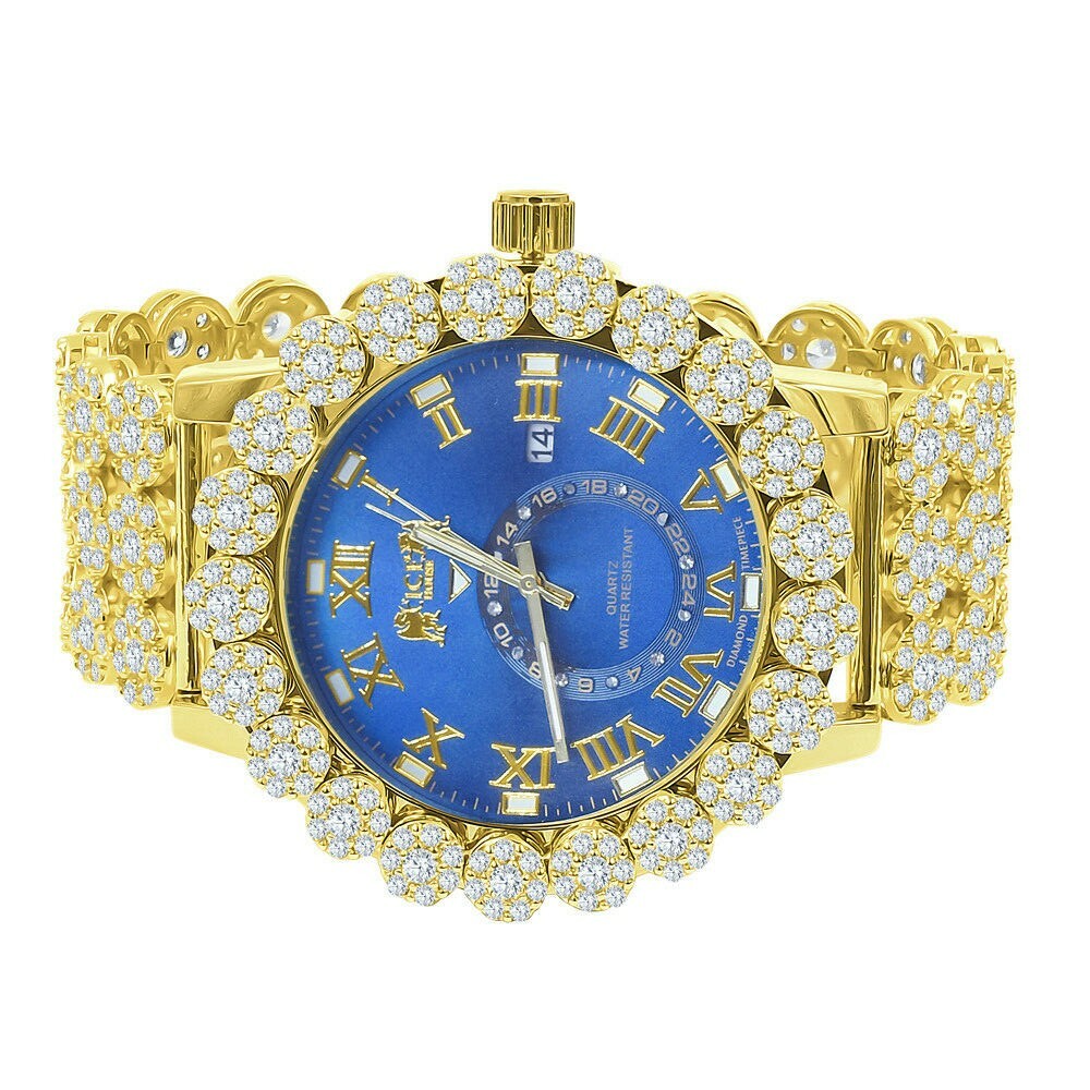 Pre-owned Icy Men Blue Sapphire Real Diamond Roman Dial Flower Band Bezel Gold Tone Watch