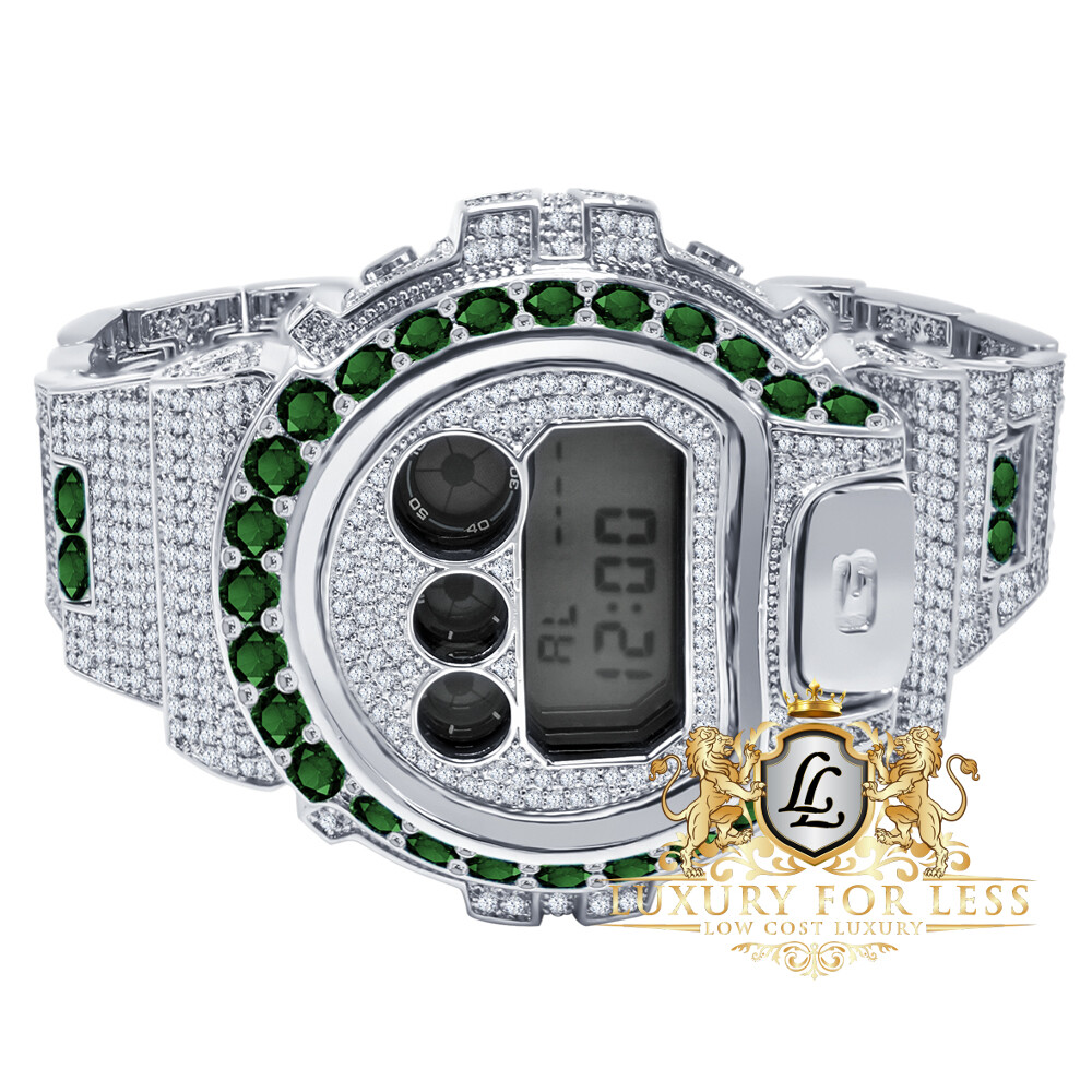 Pre-owned Casio Mens Solitaire Emerald Green White Gold Finish  G-shock Dw6900 Custom Watch