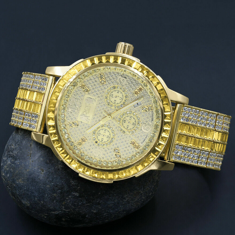 Pre-owned Ice House Real Diamond Dial Canary Gold Finish Custom Band Watch W/date Solid Steel Bezel