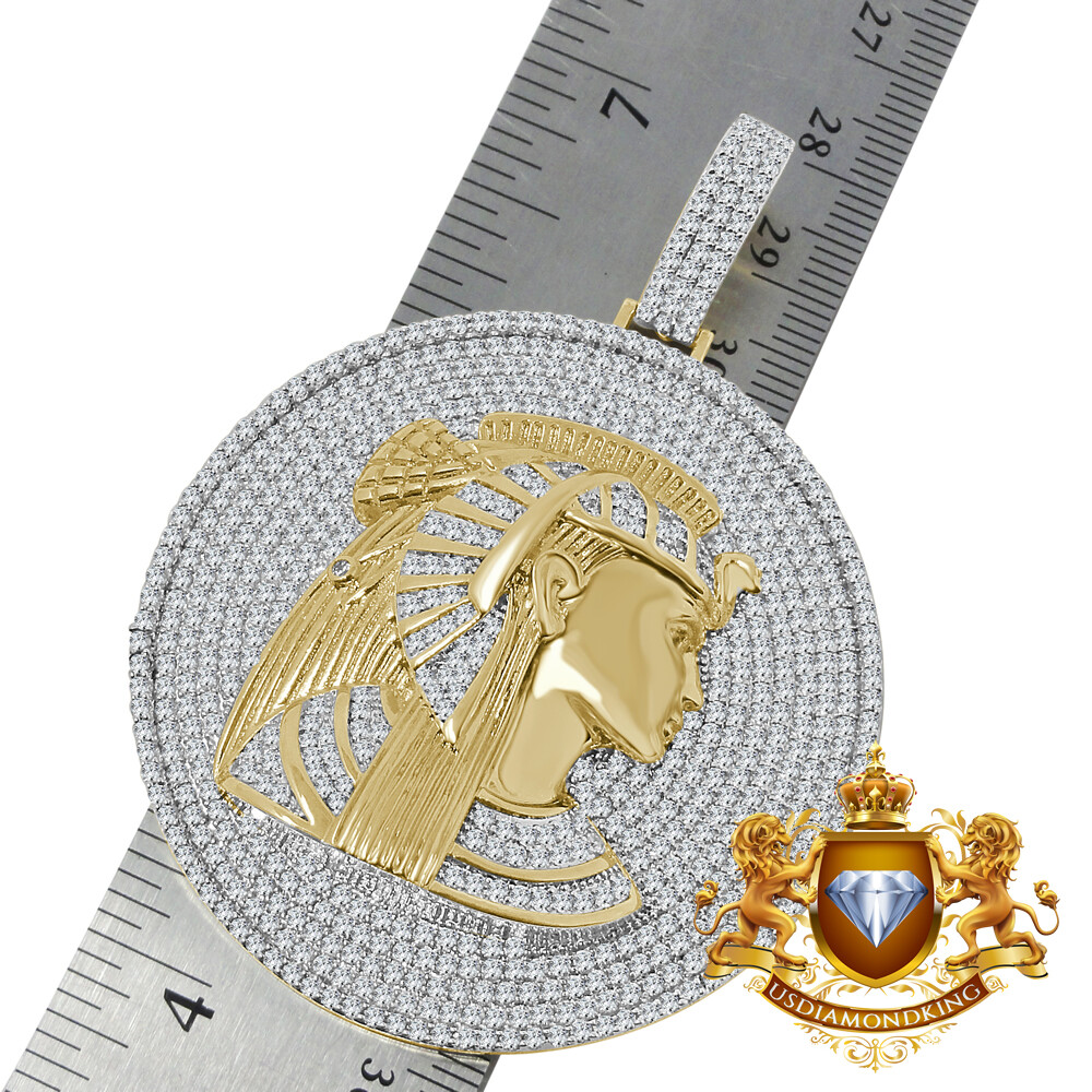 Pre-owned Us Diamond King Xl 2.85 '' Real Sterling Silver Egyptian Queen Nefertiti Pendant Charm Medallion In Yellow/clear
