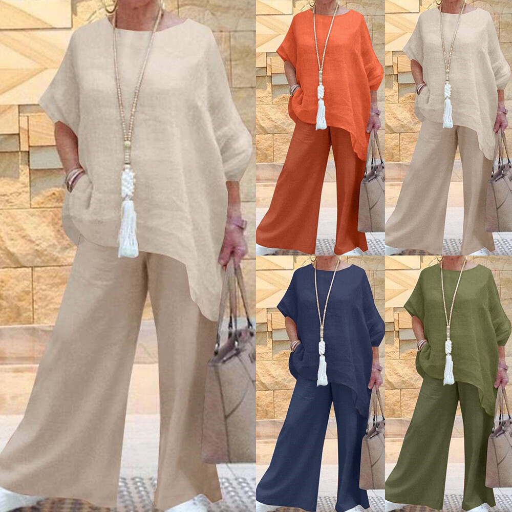 Women Tracksuit Set Lounge Wear Cotton Linen Top Pants Suit Plus Size Loungewear