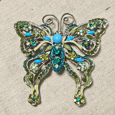 Vintage Massive Rhinestone Enamel Jeweled Butterfly Blue Green Brooch Pin