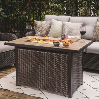 Nuu Garden Fire Pit Table Rectangle Wicker Outdoor Propane w/Ceramic Tabletop