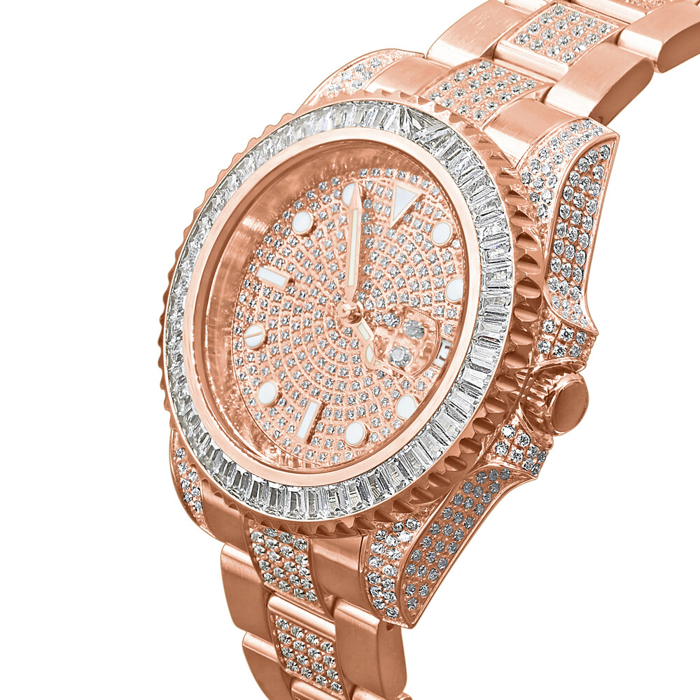 Pre-owned Bling Master 18k Solid Steel Rose Gold 2 Tone Baguette Simulated Diamond W/date 40mm Watch