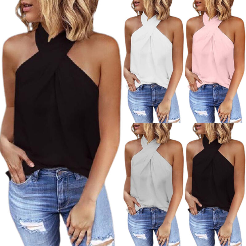 Damen Tanktop Neckholder Ärmellos Tops Rückenfrei Bluse Trägertop Urlaub T-Shirt