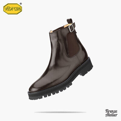 Firenze Atelier Men's Handmade Polished Brown Leather Chelsea Boots Vibram Sole