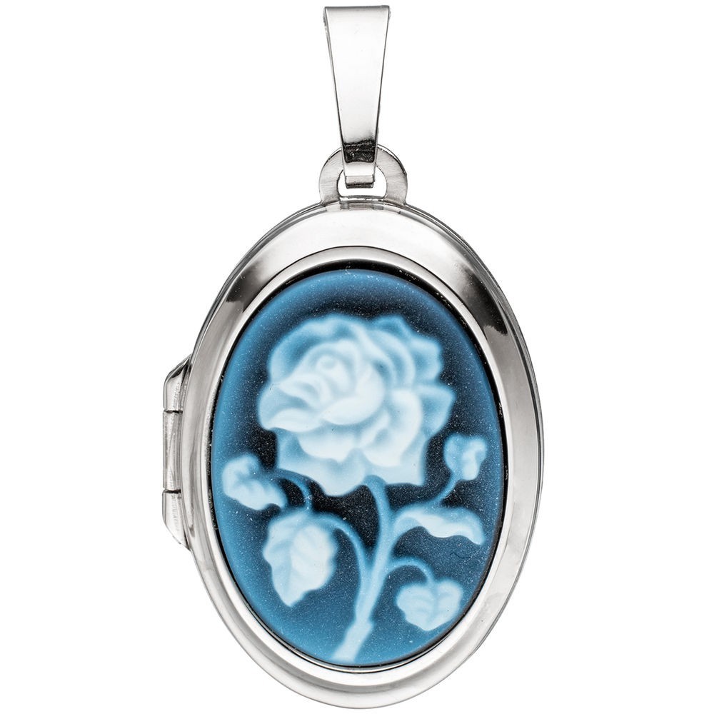 SCHMUCK-KRONE MEDAILLON OVAL 925 STERLING SILBER 1 BLAUE ACHATGEMME ZUM ÖFFNEN, SILBERANHÄNGER