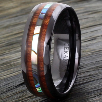 8mm Black Hi-Tech Ceramic Hawaiian Koa Wood & Abalone Band Ring - Engravable