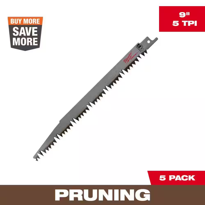 Milwaukee SAWZALL Reciprocating Saw Blades BiMetal 9 Inch 5 TPI Pruning 5 Pack