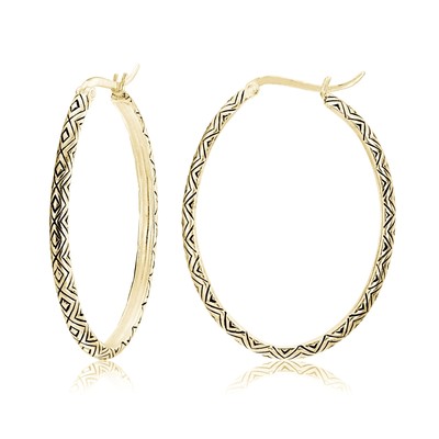 Gold Tone over Sterling Silver Oxidized Etched Design Oval Hoop Earrings