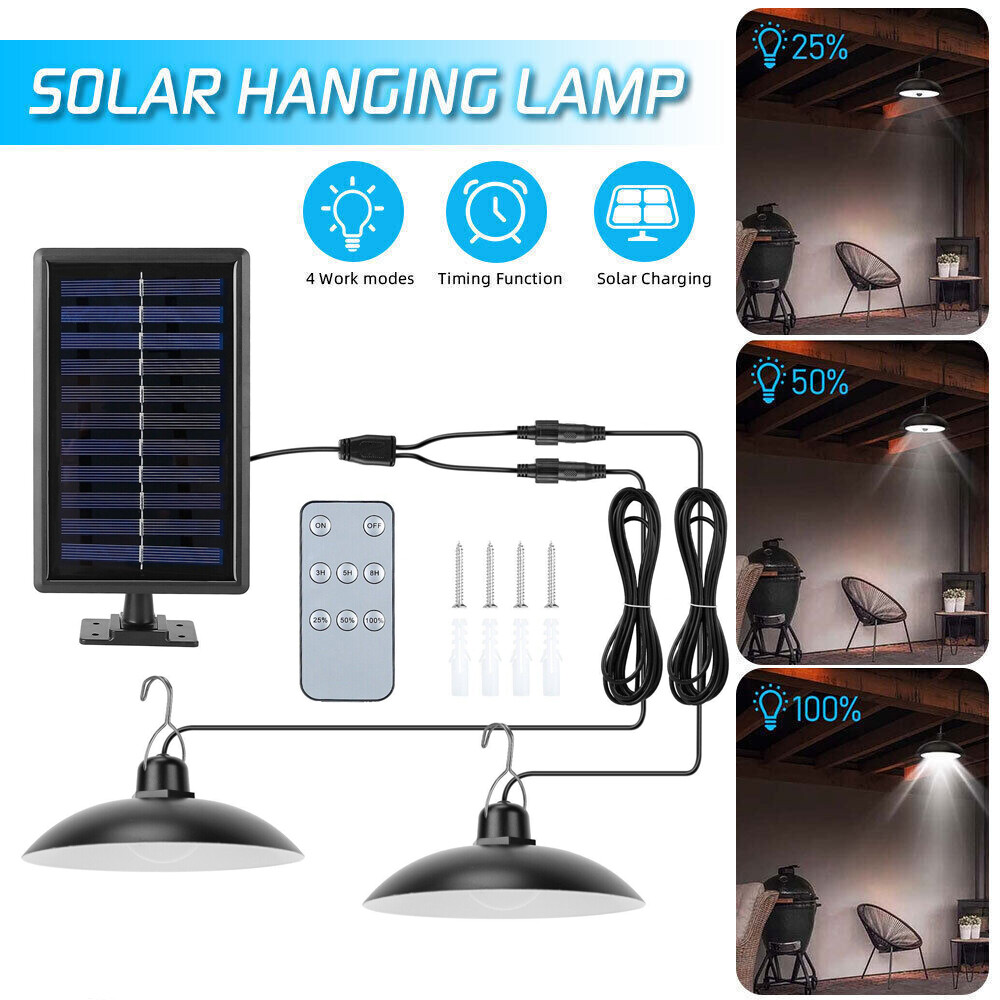 Double Two-Head LED Pendant Light Solar Panel Outdoor Indoor Garden Shed Lamp