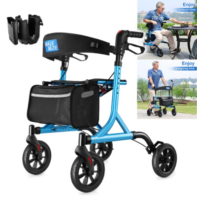 Adjustable Rollator Walker with Seat Folding Ergonomic Chair 4x8'' Wheels 300lbs