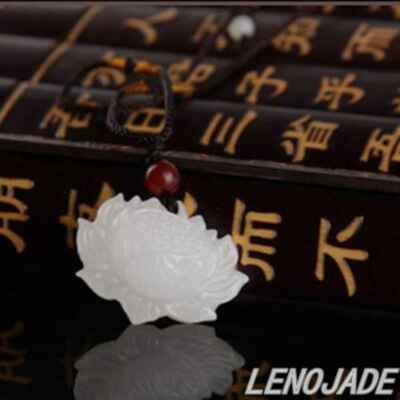 Beautiful Lotus Flower Chinese Natural White HeTian Jade Nephrite Carved Pendant