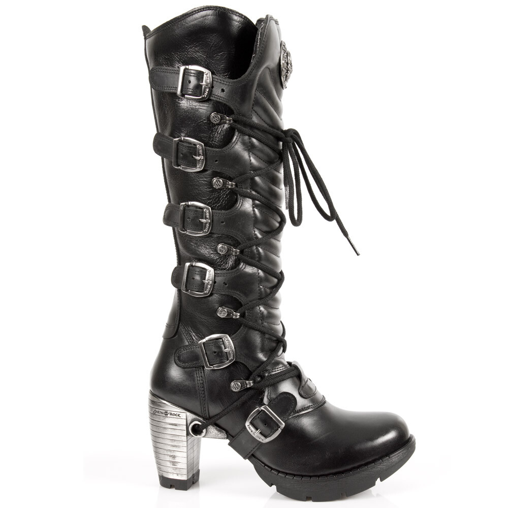 Pre-owned Rock Tr004-s1 Ladies Black Leather Boots Buckle Lace Knee High Biker Boots