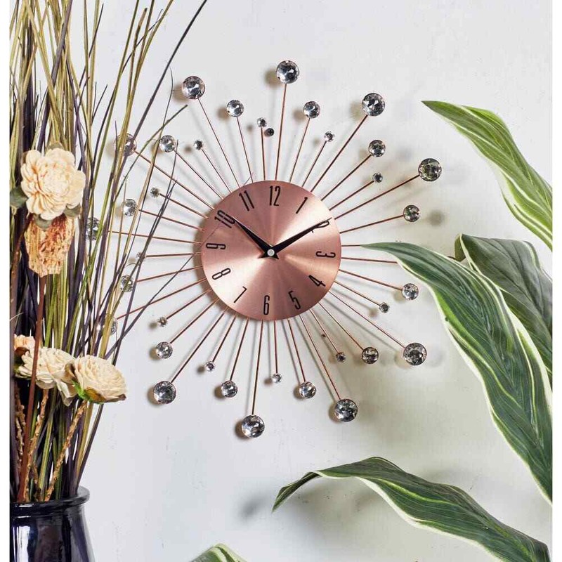 Wall Clock Analog Crystal Accents Copper Metal Starburst Luxury Copper Clock