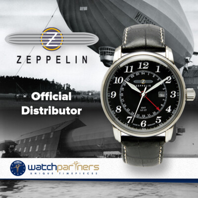 Pre-owned Zeppelin Lz127 Swiss Quartz Gmt Watch Gmt Dual Time Black Dial 5atm 42mm 7642-2