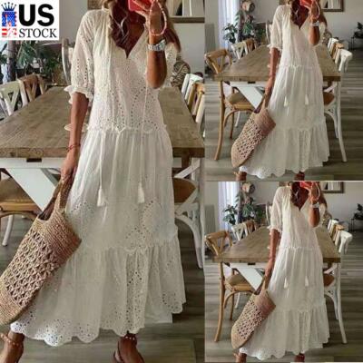 Womens Summer Boho Lace Maxi Dress 