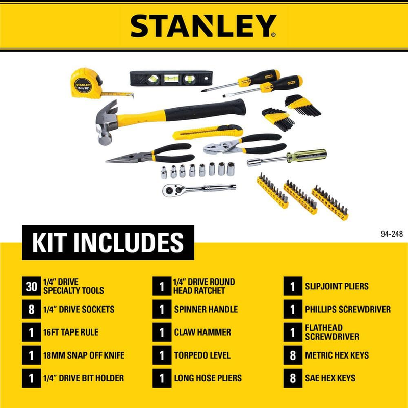 NEW Durable Stanley Assortment Home Tool Kit 65-PIECES for Household Projects 