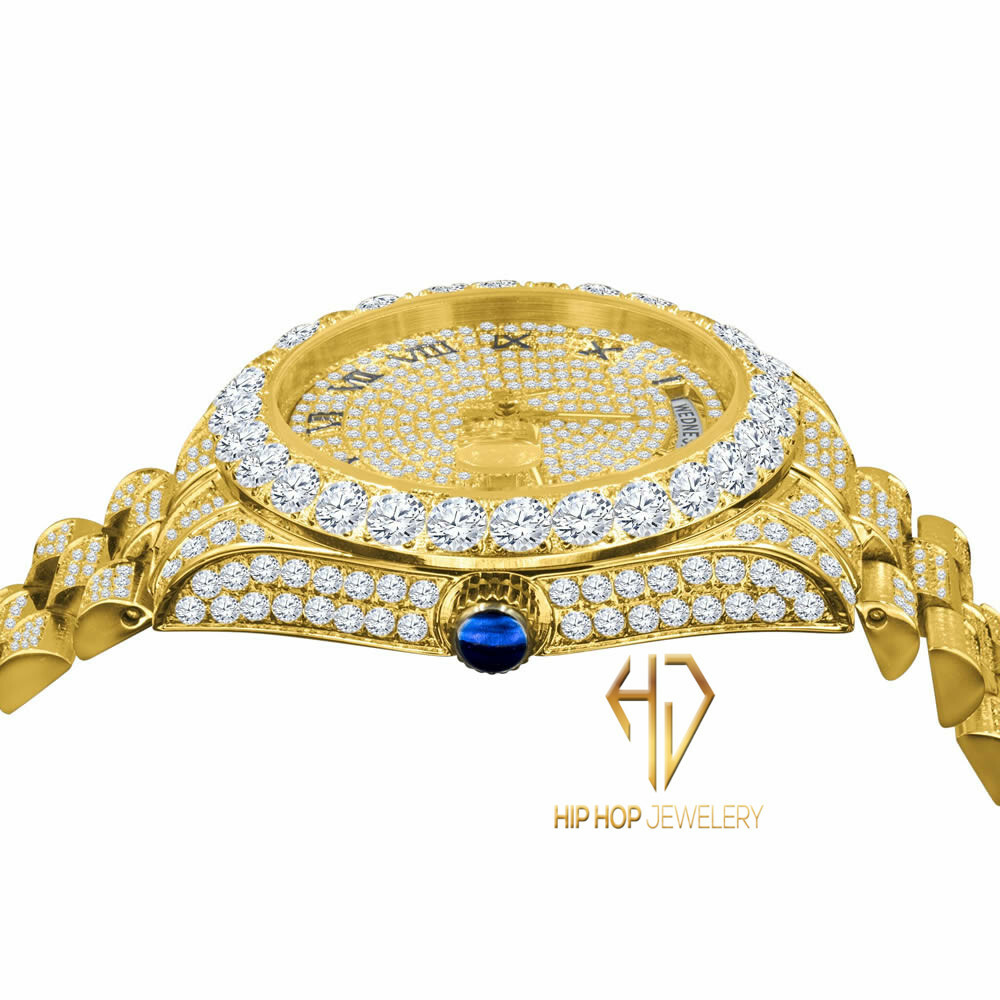 Pre-owned Bling Master 18k Yellow Gold Finish Solid Stainless Steel Day Date Roman Dial Solitaire Bezel