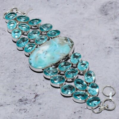 Natural Caribbean Larimar,Blue Topaz Stone 925 Sterling Silver Bracelet 8'' O003