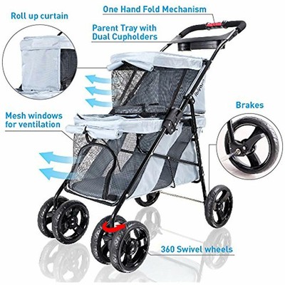 Ibiyaya 4 Wheel Double Pet Stroller For Dogs And Cats, Great Twin Multiple Pet