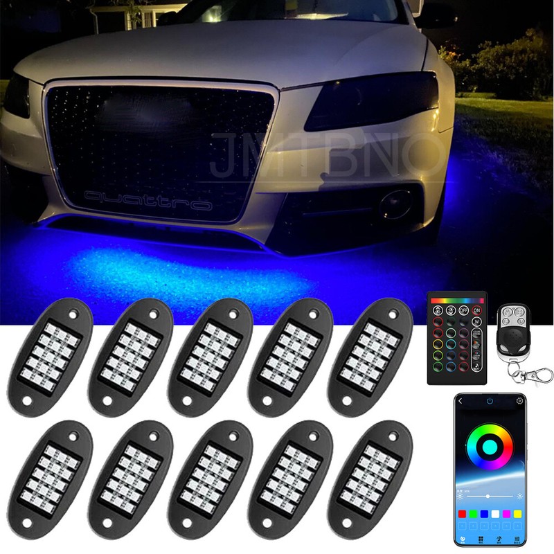 10 Pods RGB LED Rock Lights Neon Underglow LED Kit Bluetooth APP Car For Audi