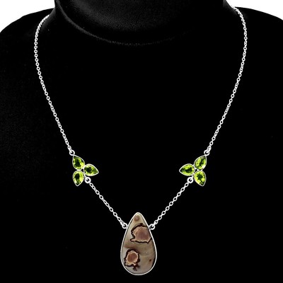 Natural Coffee Bean Jasper & Peridot 925 Sterling Silver Necklace Jewelry N-1002