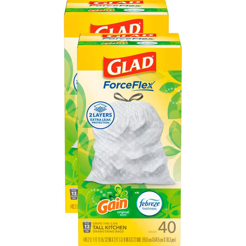 Glad ForceFlex 13Gal Tall Kitchen Trash Bags Gain Febreze Scent 80 Count Durable