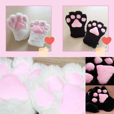 Women Girls Bear Cat Pink Claw Paw Fuzzy Fur Gloves Soft Plush Costume Mittens