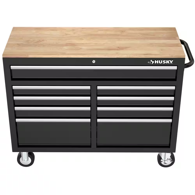 Mobile Work Bench Tool Chest Solid Wood Top 46 x 18 Gloss Black 9 Drawer Cabinet